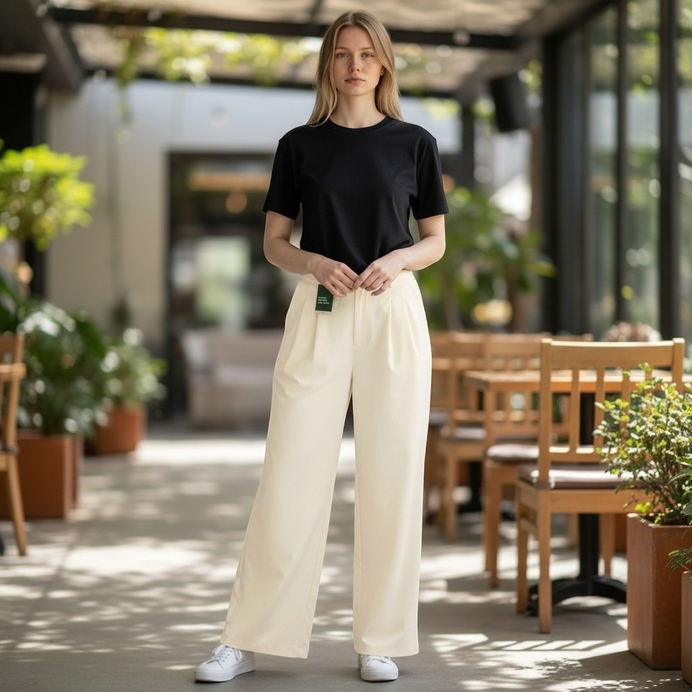 Halara Women Cream High Waisted Wide Leg Pleated Trousers Pants Size L Q02721000